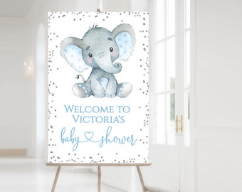 Boy Elephant Baby Shower Welcome Sign: Silver Glitter (24x36 inches)