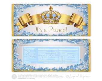 Prince Baby Shower Candy Bar Wrapper: Blue & Gold Crown (Digital File)