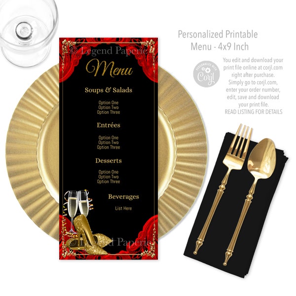 Womans Red Black Gold Birthday Party Menu,Red Black Gold Menu,Womans Red Black Gold Birthday Party,Gold Shoe Birthday,Red Black Menu,GS7