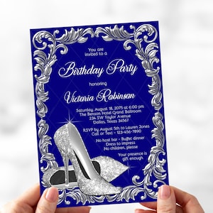 Womans Royal Blue Silver Birthday Party Invitation,Silver High Heel Shoes Birthday Party Invitation,Any Number,Royal Blue,Silver Shoe,BSS1