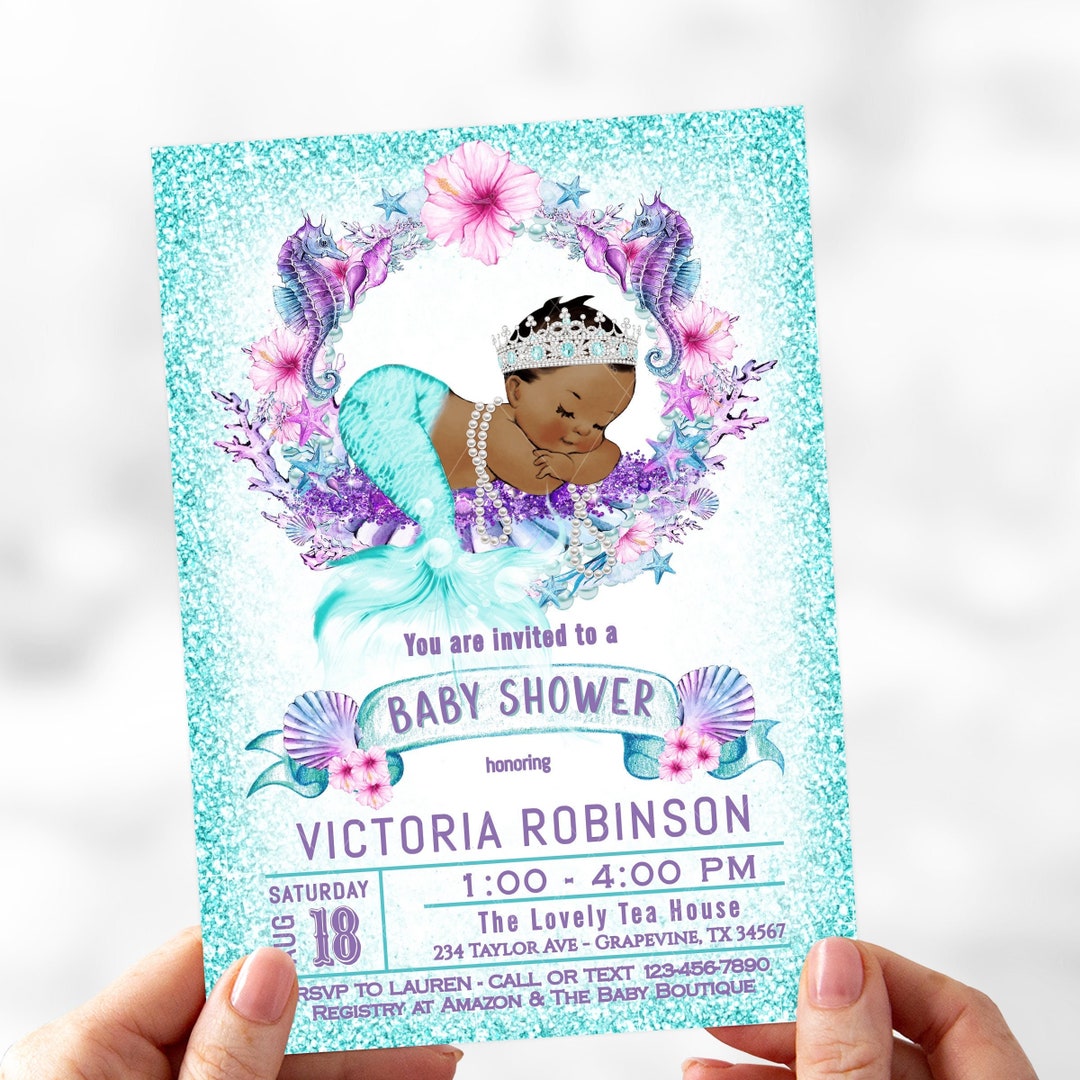 Purple Teal Mermaid Baby Shower Invitation, African Mermaid Baby Shower