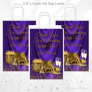 Womans Purple Gold Birthday Party Gift Bag Labels,Any Number,Womans Gift Bag Labels,Womans Favor Bag Label,Purple Gold Favor Sticker,WB2