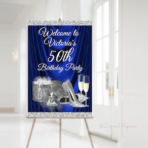 Royal Blue Birthday Welcome Sign: Silver Glitter Heels (Digital Download)