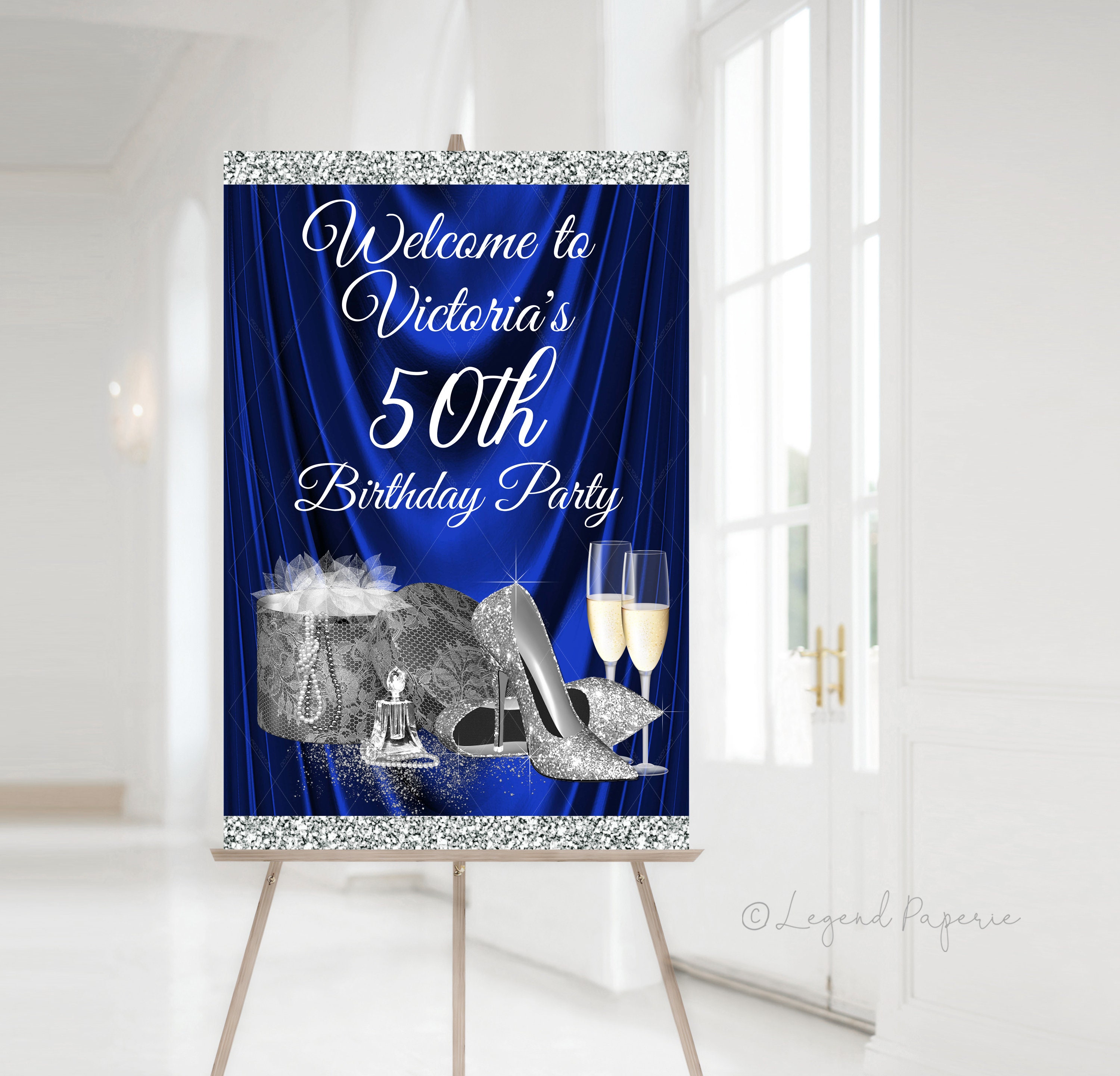 Royal Blue Birthday Welcome Sign: Silver Glitter Heels (Digital Download)