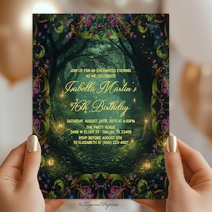 May include: An invitation to a 16th birthday party with a magical forest theme. The invitation features a dark green background with a glowing path through a forest, surrounded by a gold and green ornate frame. The text reads "Join us for an enchanted evening as we celebrate Isabella Martin's 16th Birthday. Saturday, August 18th, 2075 at 4:00PM. The Party Venue: 3456 W Elliot St - Dallas, TX 23456. RSVP before August 5th to Elozabeth at (555) 123-4567. Legend Paperie."