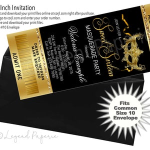 Black & Gold Masquerade Sweet Sixteen Invitation (4x9 Inch)