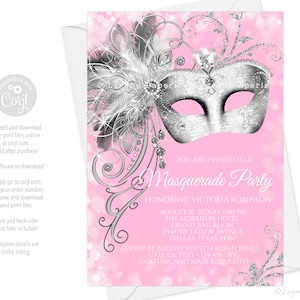 Pink Masquerade Party Invitation: Elegant Silver Mask (Digital)