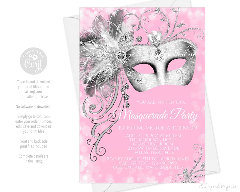 Pink Masquerade Party InvitationWoman Masquerade Birthday Party InvitationPink Masquerade Birthday PartyMasquerade Sweet