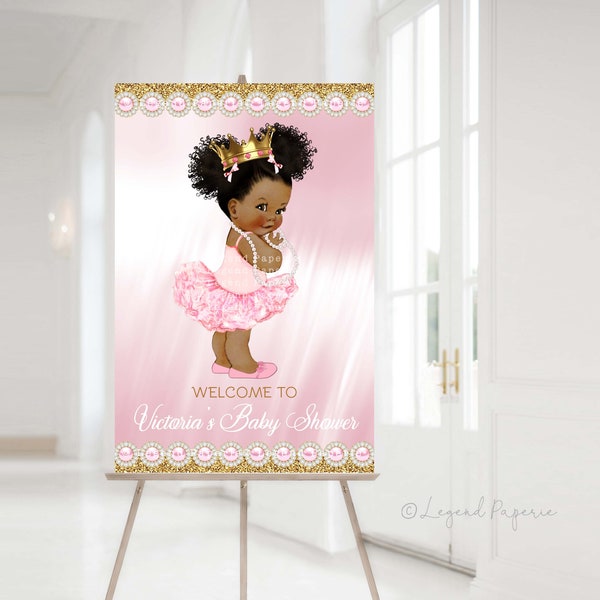 Afro Princess Baby Shower Welcome Sign,Pink Gold Princess Baby Shower Welcome Signs,Pink Tutu Princess,Pink Gold Princess Baby Shower,PTU1