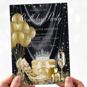 Womans Elegant Black Gold Birthday Invitation, Womans Black Gold Birthday Invitation, Gold Shoe, Womans Black Gold Birthday Invitation, BN21
