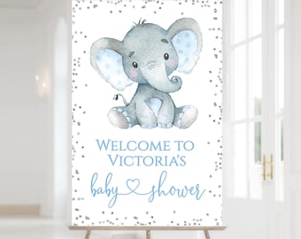Letrero de bienvenida para baby shower de niño con diseño de elefante: Purpurina plateada (61 x 91 cm)