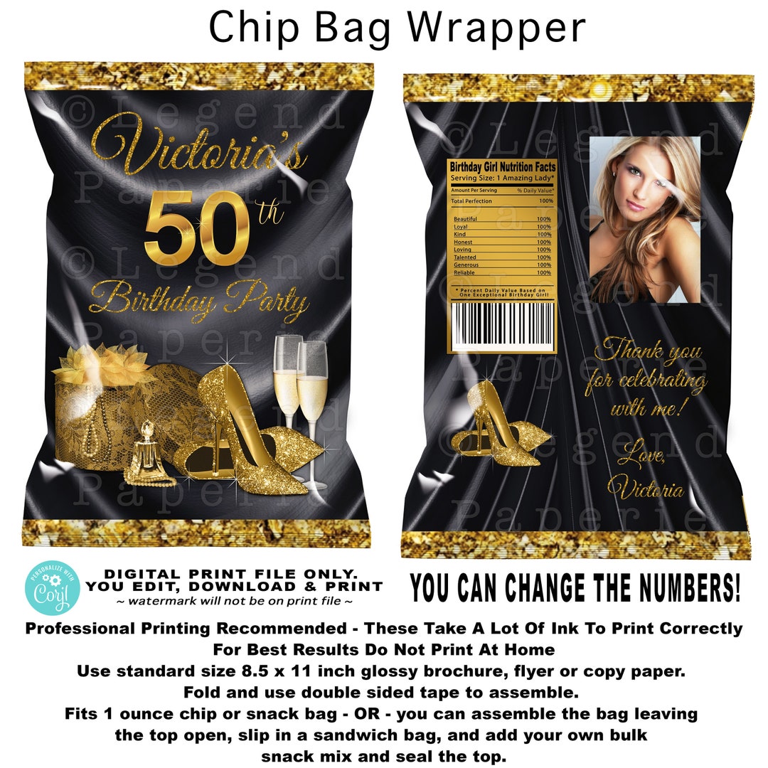 Womans Birthday Chip Bag Wrapper,womans Any Number,black Gold Chip Bag ...