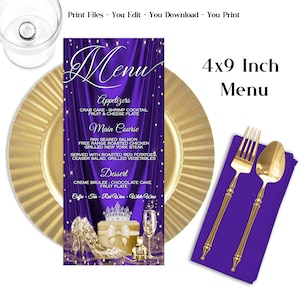 Menú de cumpleaños morado y dorado para mujer, Menús morados y dorados, Menú de cumpleaños morado y dorado para mujer, Fiesta de cumpleaños morado y dorado para mujer, BN22S