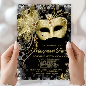 Schwarz Gold Maskerade Party Einladung, Frau Maskerade Geburtstagsfeier-Einladung, Maskerade Prom Einladung, Maskerade Party lädt ein MS1
