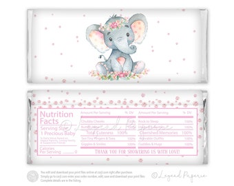 Girl Elephant Baby Shower Candy Bar Wrapper (Digital File)