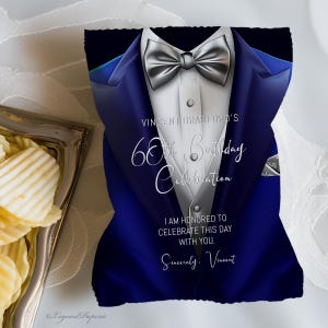 Royal Blue Tuxedo Chip Bag Wrappers: Silver Birthday Party Favors (X6)