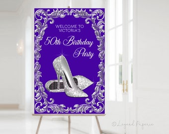 Womans Purple Silver Birthday Party Welcome Signs,Any Number,Purple Silver Party Welcome Signs,Silver High Heel Shoe Birthday Party,PS1