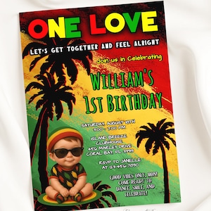 Puede incluir: Una colorida invitación de cumpleaños con temática reggae. La invitación presenta el texto "ONE LOVE" en rojo, amarillo y verde, junto con las palabras "WILLIAM'S 1ST BIRTHDAY". También aparece un bebé de dibujos animados con gafas de sol y un gorro rasta.