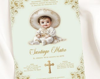 Salbeigrüne Charro-Taufeinladung: Niño Vaquero, bearbeitbare Vorlage (Digitaler Download)