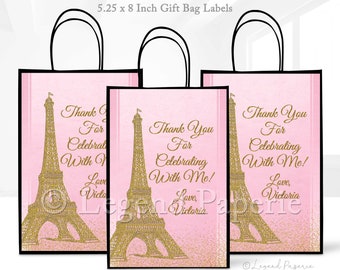 Etiquetas para bolsas de regalo de París: Torre Eiffel dorada y purpurina rosa (archivo digital)