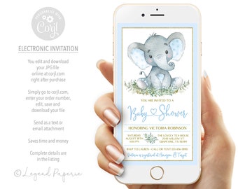 Watercolor Elephant Baby Shower Invitation: Blue & Gold (Digital)