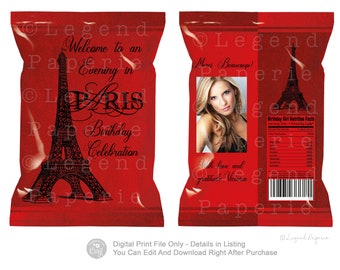 Envoltorio para bolsa de patatas fritas de cumpleaños en París: Fiesta en la Torre Eiffel (Descarga digital)
