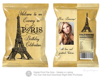 Envoltorio para bolsa de patatas fritas de cumpleaños de París: Recuerdo de fiesta con la Torre Eiffel (Descarga digital)