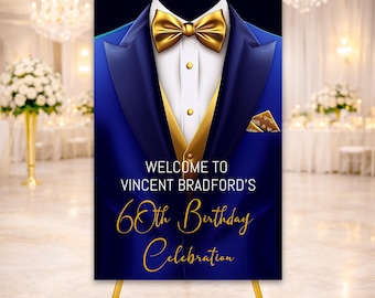 Mens Tuxedo Birthday Welcome Sign: Blue & Gold (Digital Download)
