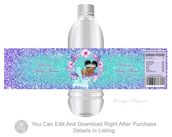 Afro Mermaid Baby Shower Water Bottle Label (Digital File)