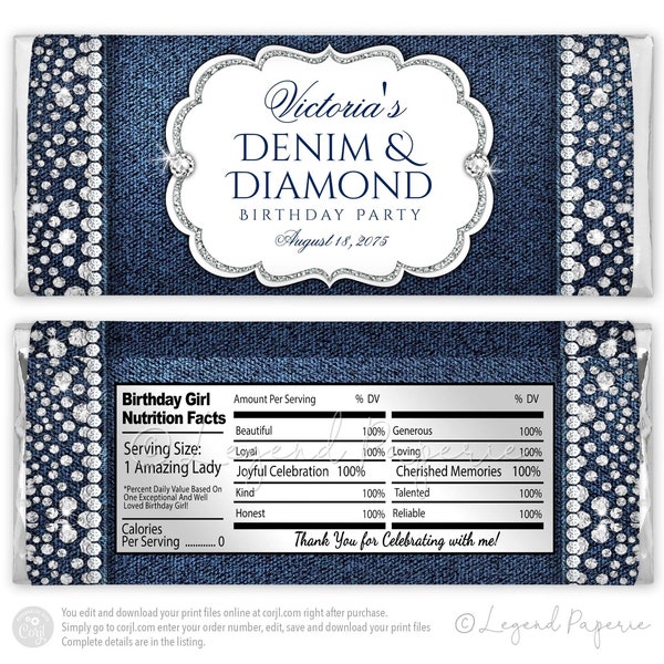 Denim Diamond Candy Bar Wrapper,Denim Diamond,Birthday,Candy Bar Wrapper,Denim,Diamond,Baby Shower,Birthday,Corporate,Gala,Any Number,DD1