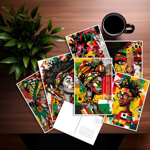 May include: Set of six colorful postcards featuring abstract portraits of people with bold geometric patterns and bright colors. The postcards have a blank space on the back for writing.