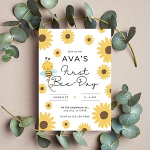 First Bee-Day Invitation Template | Bee Birthday Invite | 1st Birthday Invitation | First Girl Birthday Theme | Invitation Template |