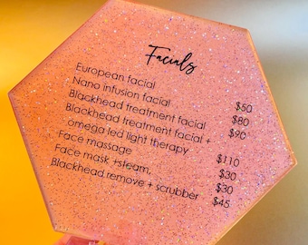 7" Hexagon Salon Menu of Services | Hours of Operation Sign for Spas, Salons, Hair Stylist, Nail Techs, Studios