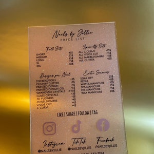 Price Menu | Price List | Menu of Services | Salon Services, Nail Services, Spa Services | Acrylic Sign, Custom Design