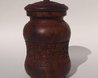 インド製、蓋付きヴィンテージ彫刻木製瓶（花柄）