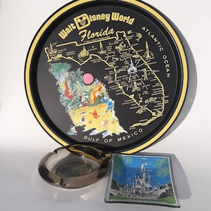 Disney Lot Metal Florida Tray Glass Magic Kingdom Tray and Disneyland Hotel Ashtray Vintage