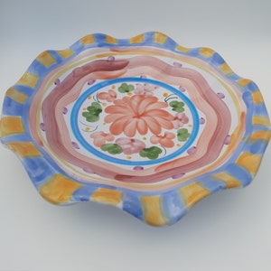 World Bazaars Inc. Serving Bowl Dish 10.5&quot; Multicolor Hand Painted Ruffled Vintage