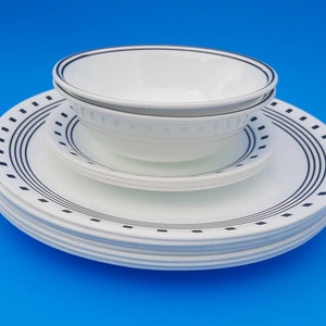 12 Corelle Black & White CITY BLOCK Cereal Bowls/Small and Dinner Plates Vintage