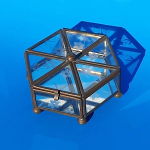 Mirrored Six Sided Hexagon Jewelry Box Hinged Brass and Glass Vintage