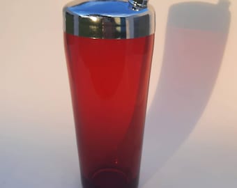 Vintage Ruby Red Cocktail Shaker Drink Mixer Hand Blown Glass Martini