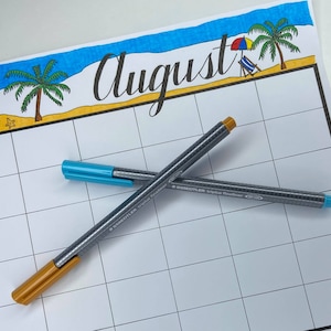 Handmade Blank Printable August 2020 Calendar - pdf, instant download, beach, summer, back to school, planner, journal