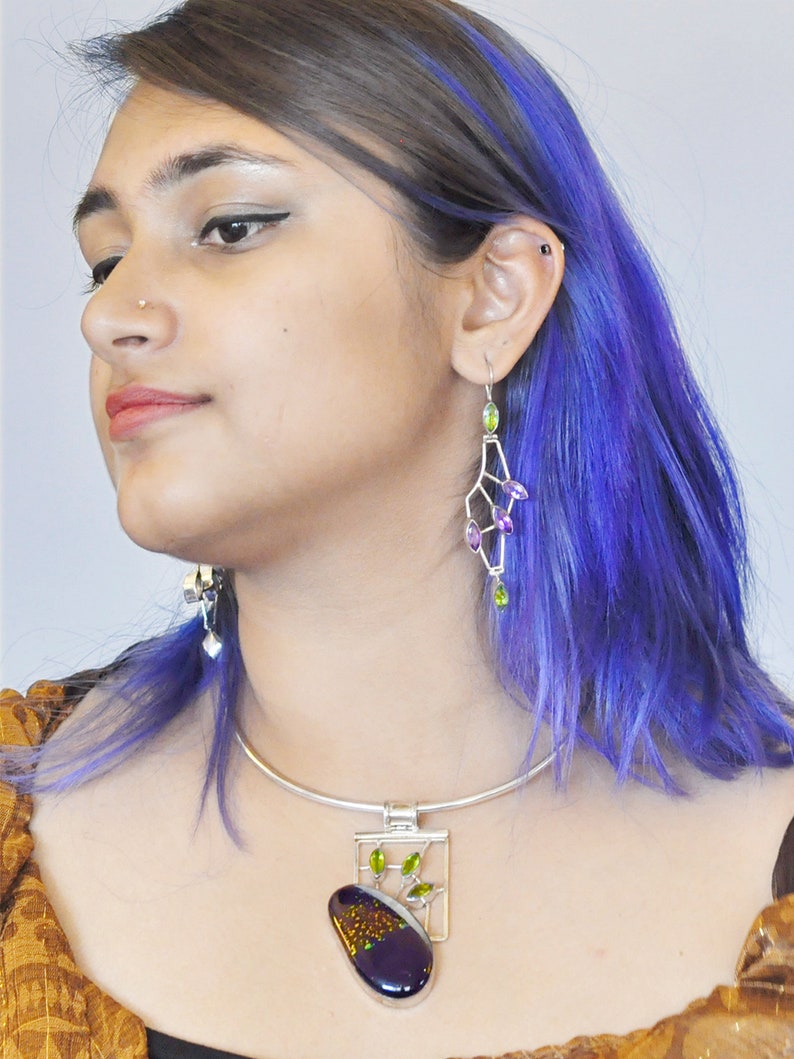 Amethyst and Peridot mixed gemstone Marquise Cut Steampunk Earrings Wing shape big Sterling silver Earrings Spring colors August Birthstone