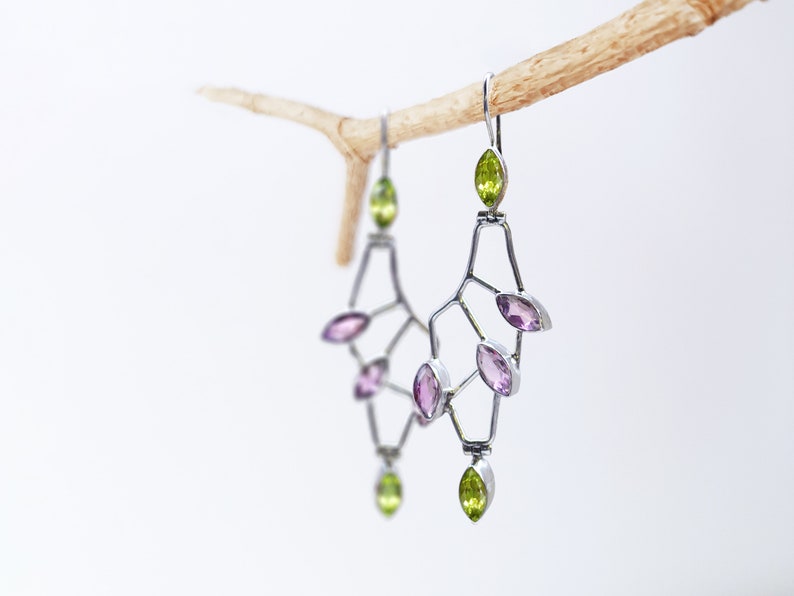 Amethyst and Peridot mixed gemstone Marquise Cut Steampunk Earrings Wing shape big Sterling silver Earrings Spring colors August Birthstone