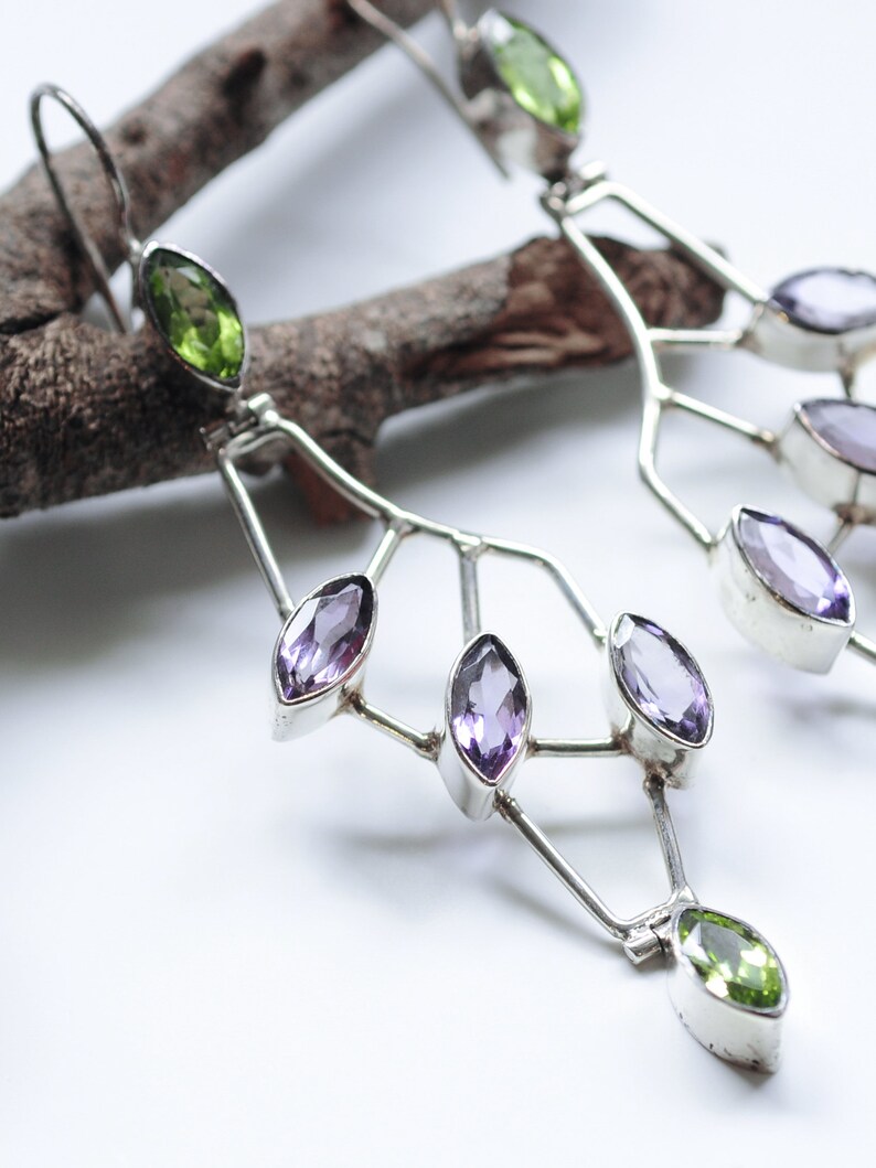 Amethyst and Peridot mixed gemstone Marquise Cut Steampunk Earrings Wing shape big Sterling silver Earrings Spring colors August Birthstone