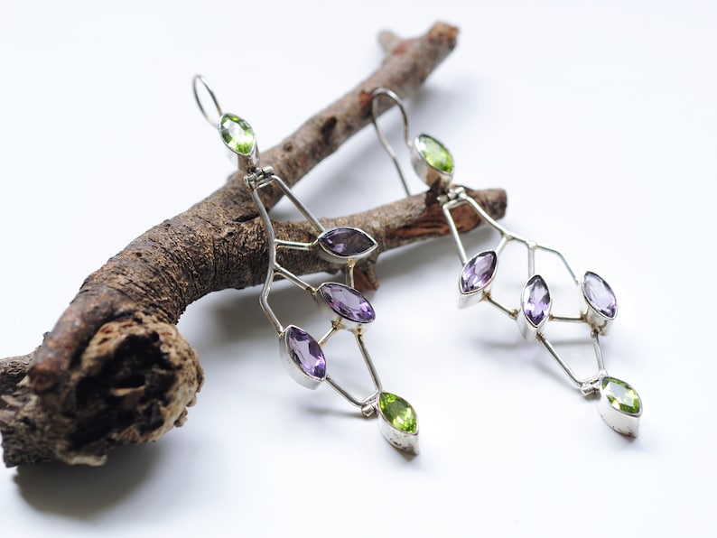 Amethyst and Peridot mixed gemstone Marquise Cut Steampunk Earrings Wing shape big Sterling silver Earrings Spring colors August Birthstone
