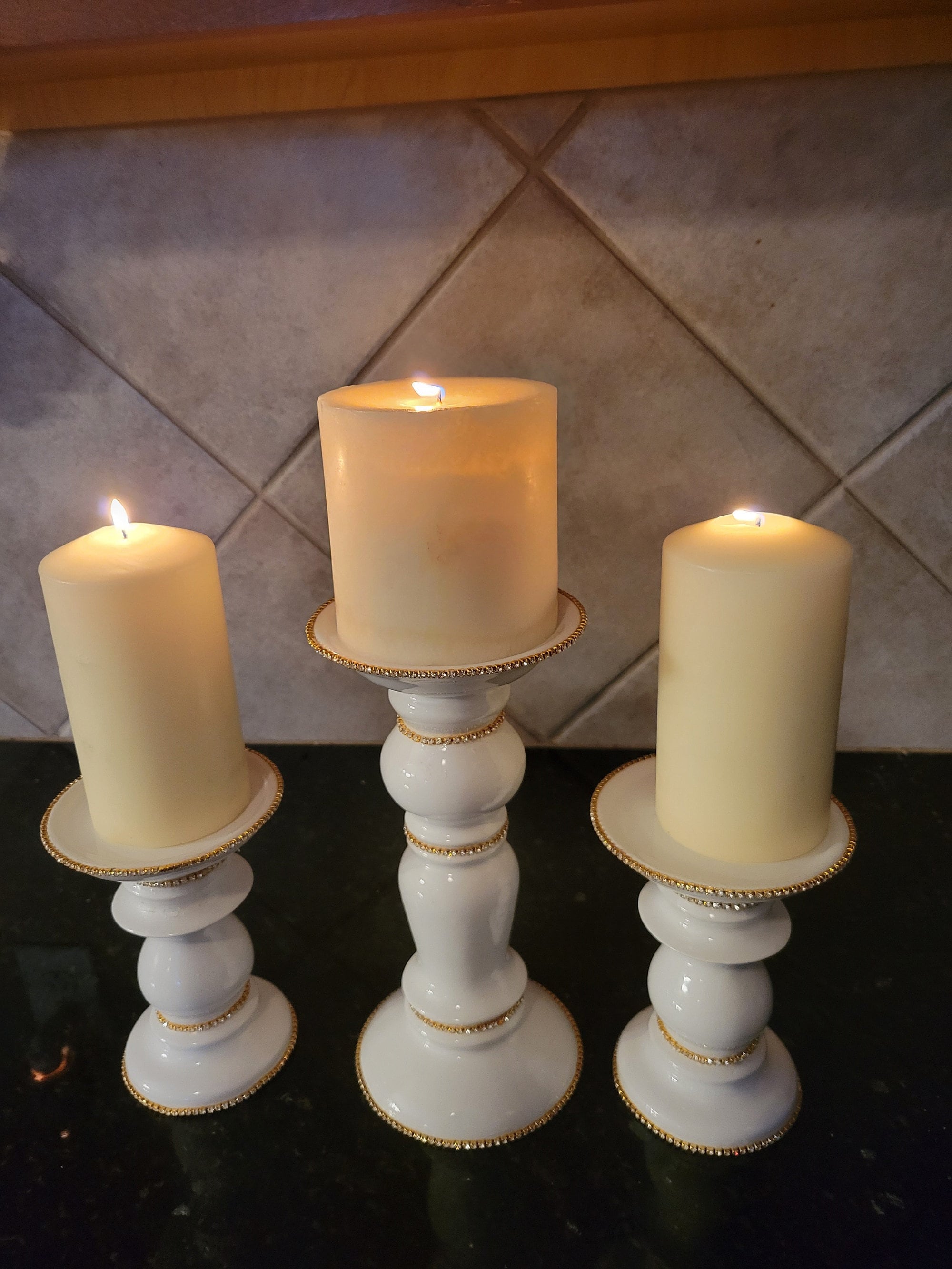3 Ceramic White & Gold Pillar Candle Holders Etsy