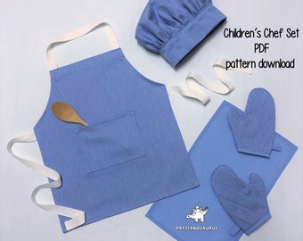 Children's Chef Set sewing pattern, PDF pattern, apron pattern, pdf sewing pattern, chef hat pattern, oven mitts pattern, kids patterns