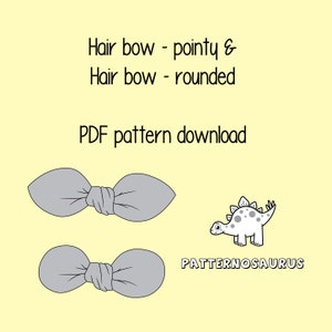 Puede incluir: Dos lazos para el pelo de tela gris, uno con extremos puntiagudos y otro con extremos redondeados. La imagen también incluye un dinosaurio de dibujos animados y el texto "PATTERNOSAURUS" en negro.