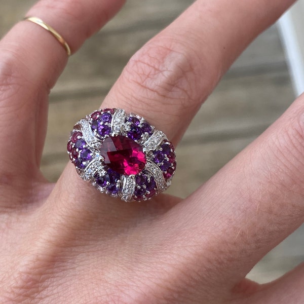 Colorful Oval Pink Tourmaline Round Amethyst Diamond Cocktail Ring 18K White Gold