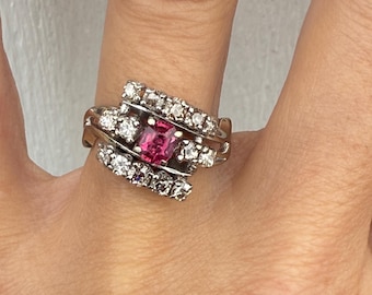 RESERVED FOR NICOLE Vintage Estate Old Mine Cut Diamond Ruby Cocktail or Engagement Ring 14k White Gold